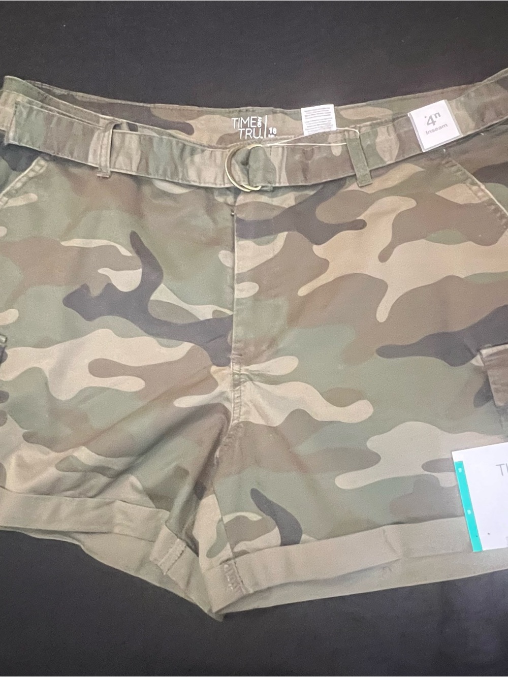 Ladies Green Camo Belted Roll-Hem Shorts With Cargo Pockets